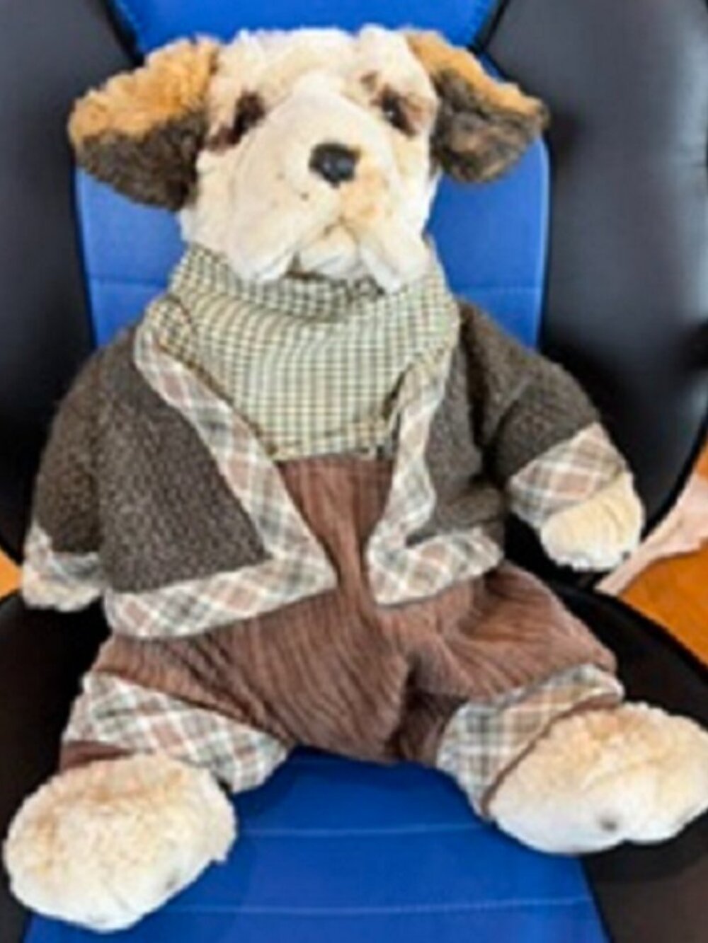 Vtg 2001 Stuffed Plush Dog Hugfun International in Corduroy Overalls & Jacket